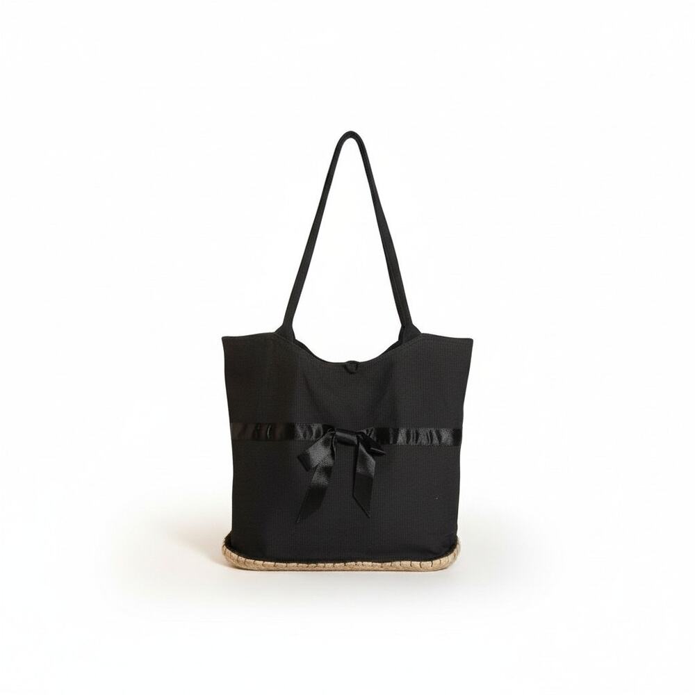 Murval Black Canvas Tote Bag Ribbon Bow Lace Detail Boho Rubber Bottom